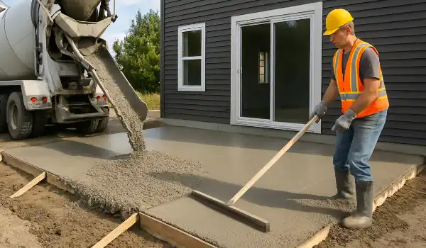 a man spreading the cement a truck is pouring to build a patio from Concrete Contractor Austin in Buda, TX - Buda TX