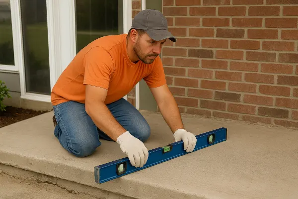 a male worker leveling a concrete slab porch from Concrete Contractor Austin in Austin, TX - Commercial Concrete Repairs