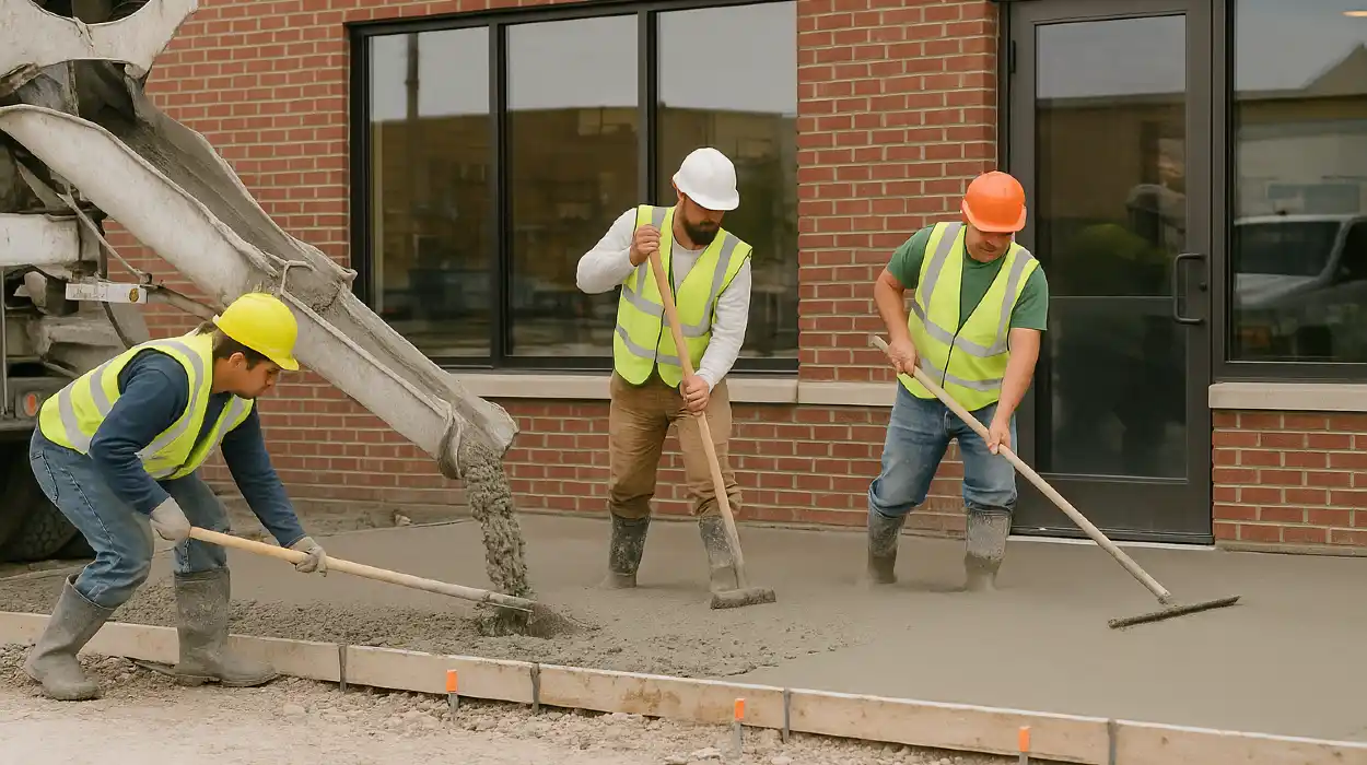 3 concrete contractors spreading concrete on the ground for a sidewalk from Concrete Contractor Austin in Austin, TX - Concrete Cutting Services