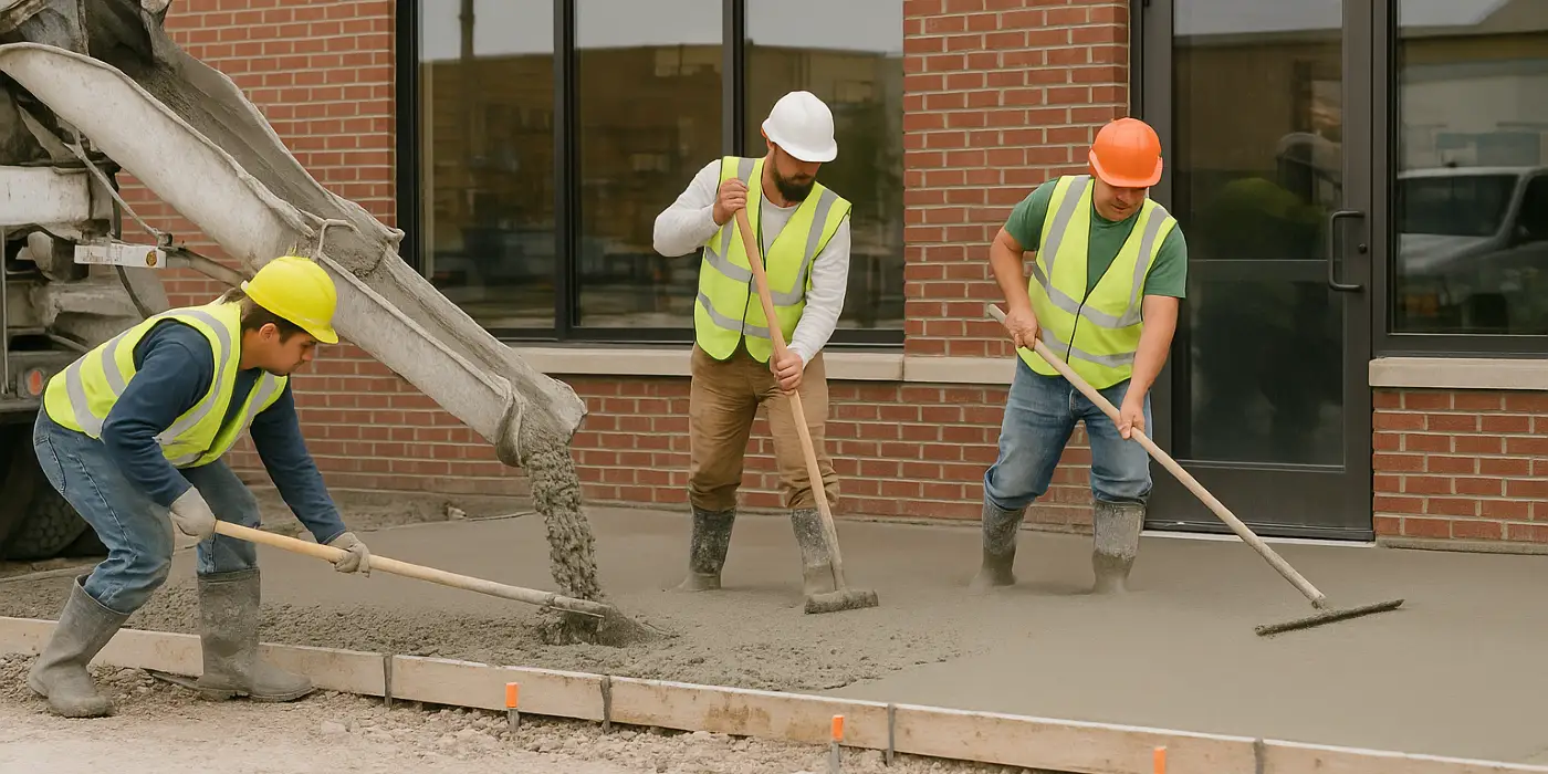 3 concrete contractors spreading concrete on the ground for a sidewalk from Concrete Contractor Austin in Austin, TX - Concrete Cutting Services