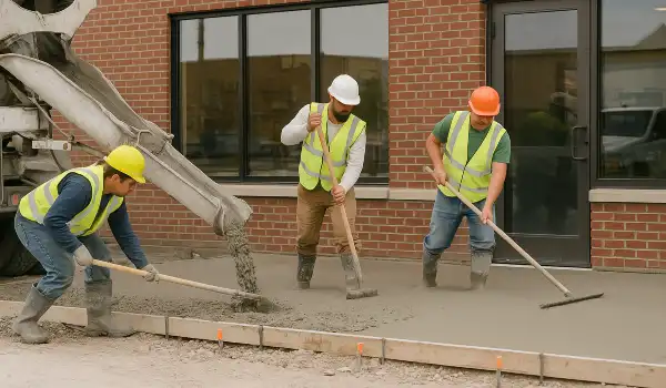 3 concrete contractors spreading concrete on the ground for a sidewalk from Concrete Contractor Austin in Austin, TX - Concrete Cutting Services