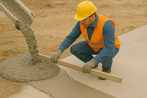a concrete worker using a piece of wood to spread fresh cement for a sidewalk from Concrete Contractor Austin in Austin, TX - Concrete Cutting Services
