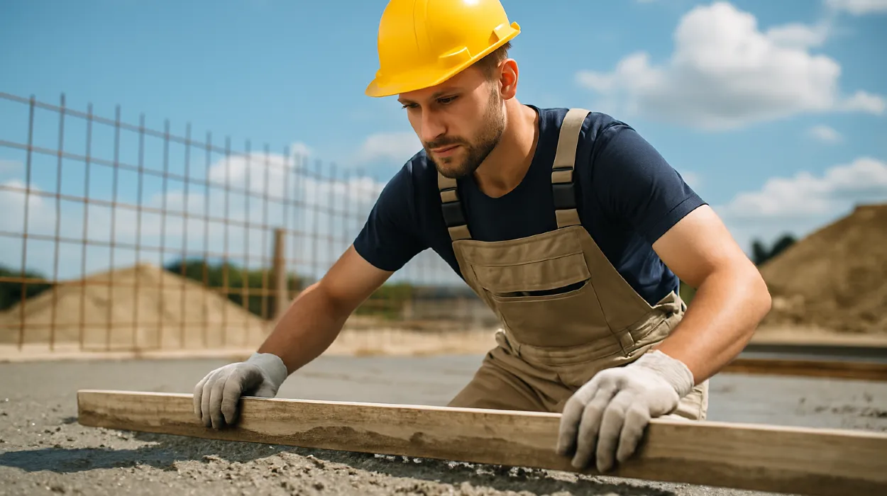 a male concrete worker spreading fresh cement on rebared ground from Concrete Contractor Austin in Austin, TX - Concrete Footing Services