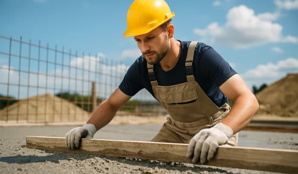 a male concrete worker spreading fresh cement on rebared ground from Concrete Contractor Austin in Austin, TX - Concrete Footing Services