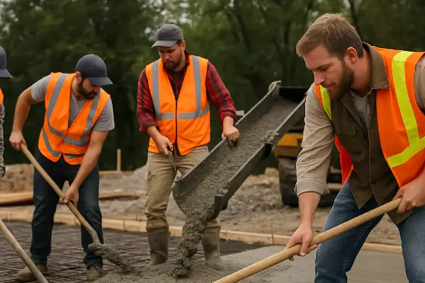 3 concrete workers pouring and spreading cement on the ground from Concrete Contractor Austin in Austin, TX - Concrete Footing Services