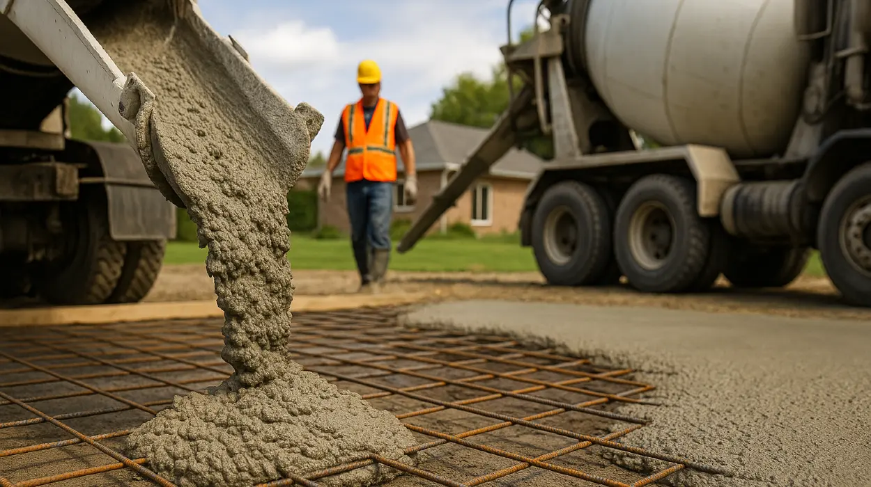 Cement truck pouring cement on a rebared ground from Concrete Contractor Austin in Austin, TX - Concrete Parking Lot Building