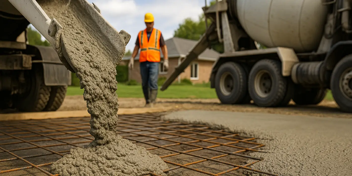 Cement truck pouring cement on a rebared ground from Concrete Contractor Austin in Austin, TX - Concrete Parking Lot Building