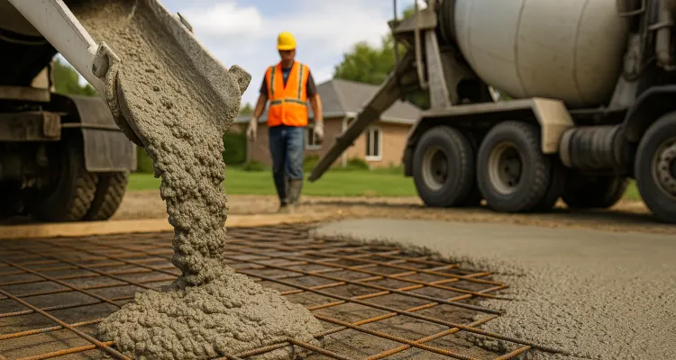 Cement truck pouring cement on a rebared ground from Concrete Contractor Austin in Austin, TX - Concrete Parking Lot Building