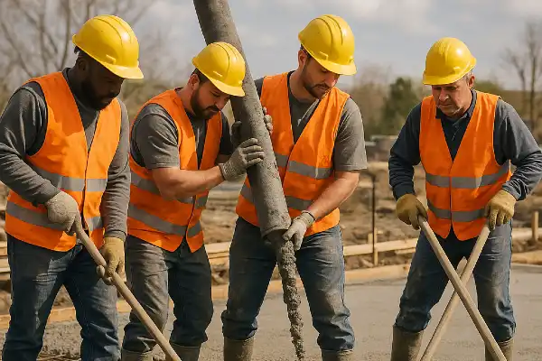 4 workers pouring and spreading concrete on the ground from Concrete Contractor Austin in Austin, TX - Concrete Resurfacing