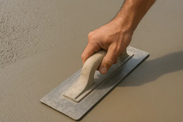 a hand trowel being used on a fresh cement slab from Concrete Contractor Austin in Austin, TX - Concrete Slab Foundation