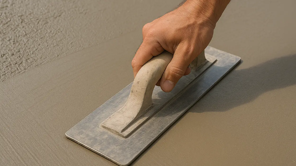a hand trowel being used on a fresh cement slab to smooth it from Concrete Contractor Austin in Austin, TX - Concrete Walkway Installation