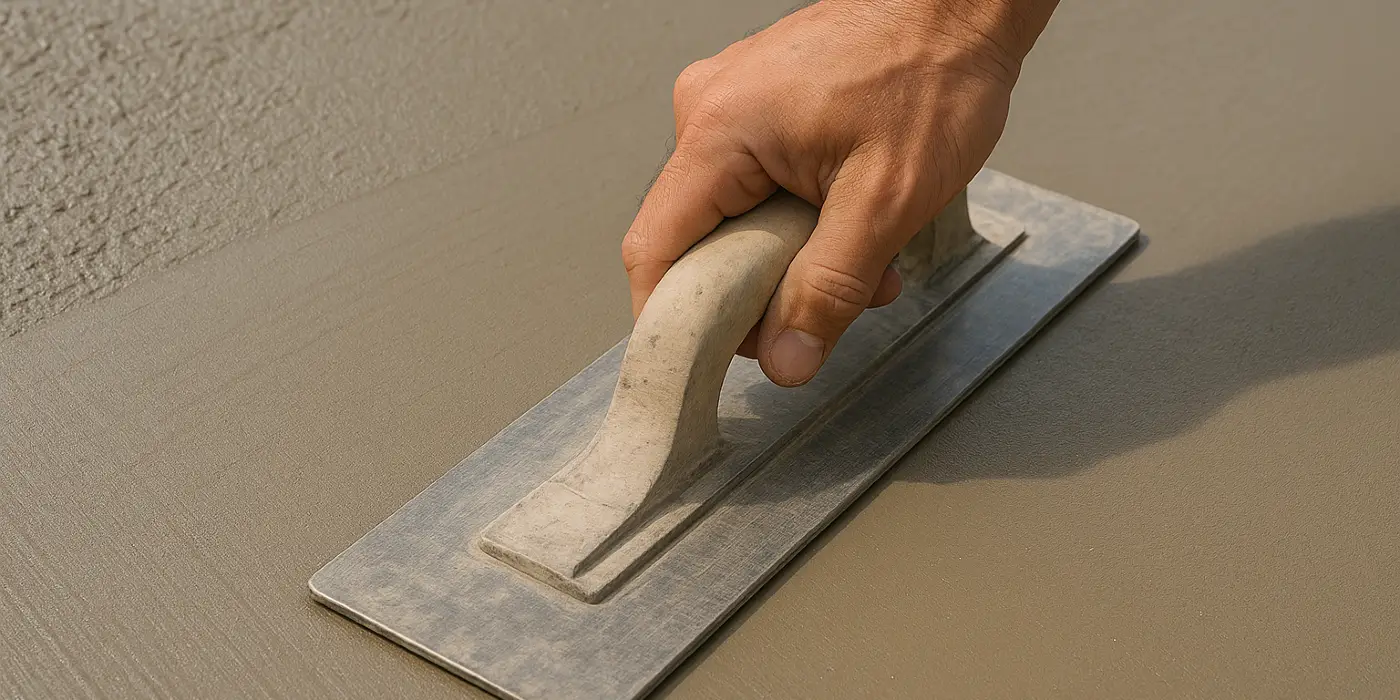 a hand trowel being used on a fresh cement slab to smooth it from Concrete Contractor Austin in Austin, TX - Concrete Walkway Installation