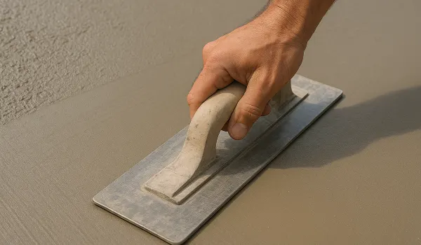 a hand trowel being used on a fresh cement slab to smooth it from Concrete Contractor Austin in Austin, TX - Concrete Walkway Installation