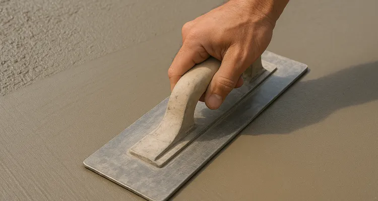 a hand trowel being used on a fresh cement slab to smooth it from Concrete Contractor Austin in Austin, TX - Concrete Walkway Installation