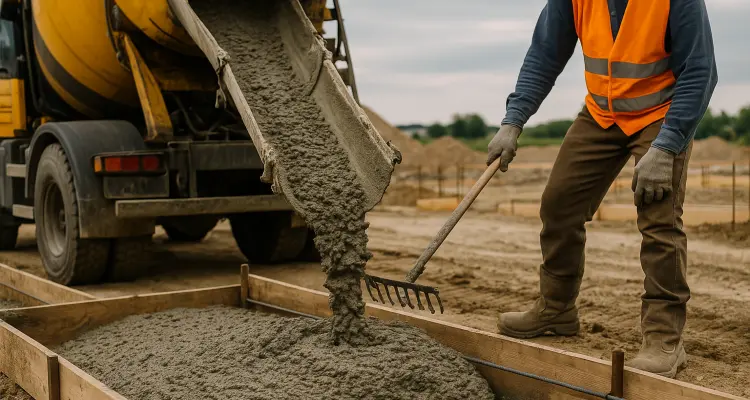 a concrete truck pouring cement on a concrete form from Concrete Contractor Austin in Austin, TX - Driveway Installation