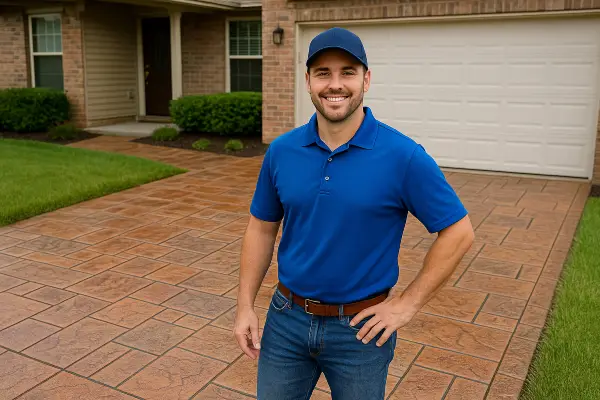 a concrete contractor smiling at the camera with stamped concrete behind him from Concrete Contractor Austin in Austin, TX - Driveway Installation
