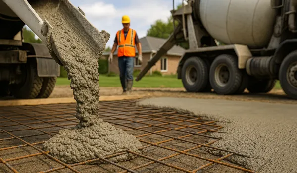 Cement truck pouring cement on a rebared ground from Concrete Contractor Austin in Georgetown, TX - Georgetown TX