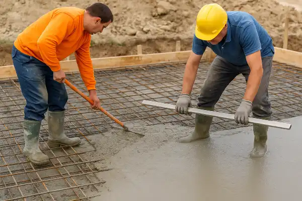 2 workers spreading fresh cement on a rebared ground from Concrete Contractor Austin in Leander, TX - Leander TX
