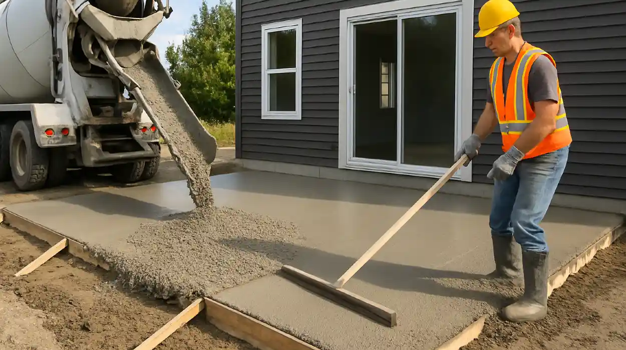 a man spreading the cement a truck is pouring to build a patio from Concrete Contractor Austin in Austin, TX - Stamped Concrete Patios