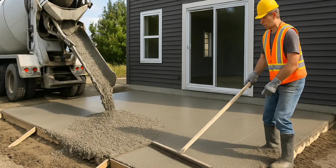 a man spreading the cement a truck is pouring to build a patio from Concrete Contractor Austin in Austin, TX - Stamped Concrete Patios