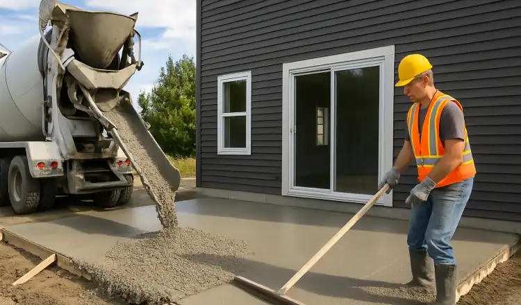 a man spreading the cement a truck is pouring to build a patio from Concrete Contractor Austin in Austin, TX - Stamped Concrete Patios